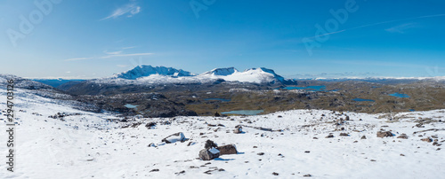 Wide panorama view from Krossbu on glacier Smorstabbreen, snow-capped mountains and blue lakes in Jotunheimen National Park, Western Norway photo