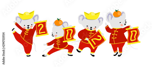 The Little Rats with Chinese scroll 2020 and with gold and orange. Chinese New Year. Gong Xi Fa Cai. The year of rat. Vector illustration for red envelope, card