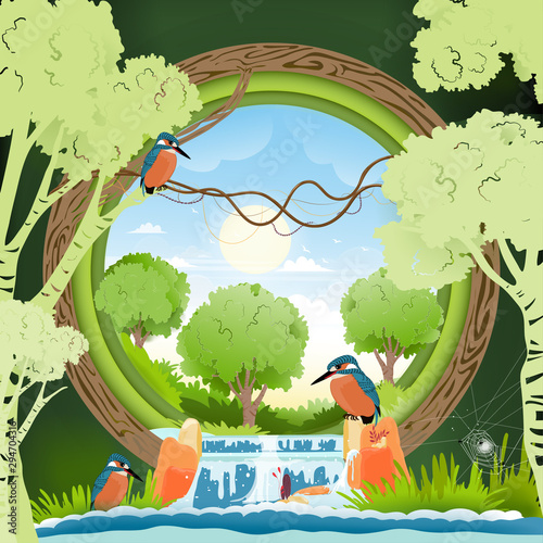 Vector Paper cut style of landscape view in spring season with waterfall,Kingfisher bird standing looking for fish and some standing on branches tree,Cute cartoon of peaceful wildlife in forest summer