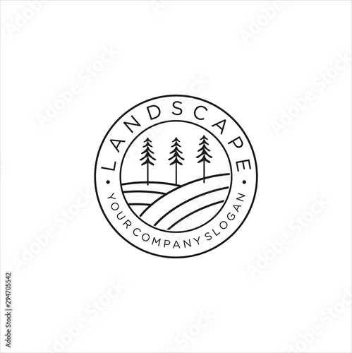 Forest Logo Vector Line Design Landscape Symbol Stock . Pine Tree Nature Logo Vintage Retro 