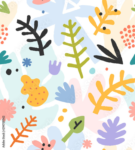Hand drawn contemporary art abstract doodle foliage made as seamless pattern. Abstraction drawings on white background. Trendy paper cut style shapes. Good for fabric textile print.