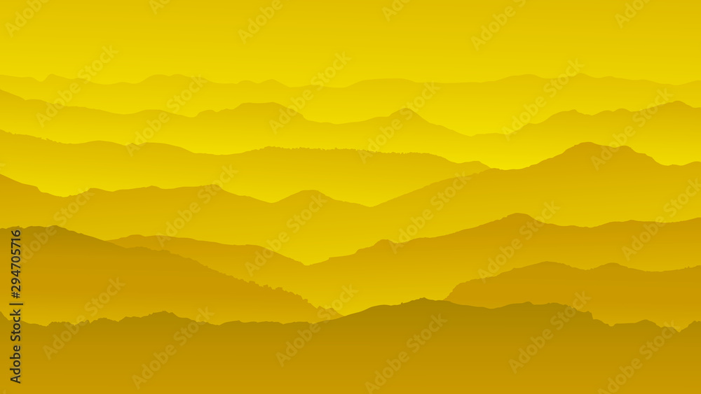 Golden hour background landscape, misty fog on mountain slopes. Abstract gradient background, vector illustration.
