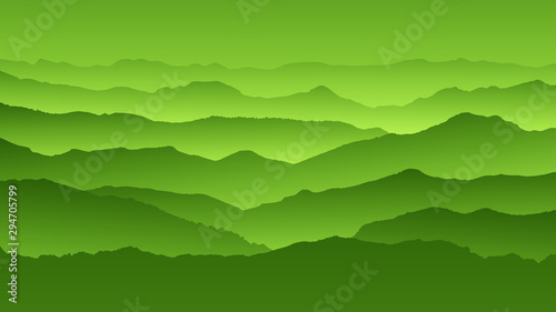Radient green background landscape  misty fog on mountain slopes. Abstract gradient background  vector illustration.