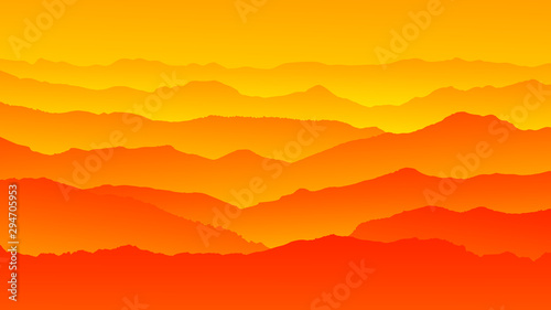 Sunrise hot background landscape, misty fog on mountain slopes. Abstract gradient background, vector illustration.