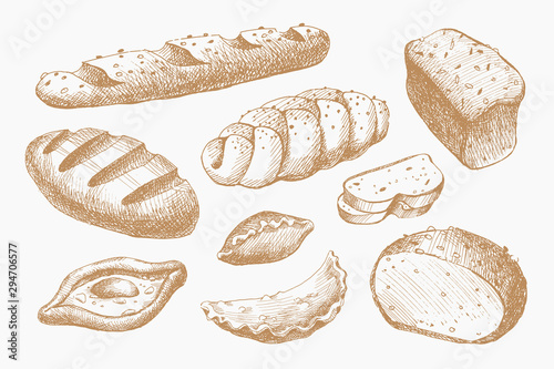 Set of hand drawn bakery products, pastries, loaves, long loaf. Yummy buns for the bakery shop. Vector illustration on light isolated background.