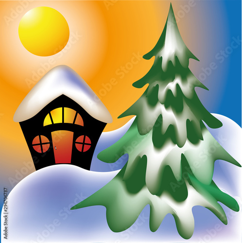 Fairytale house near a large Christmas tree with snowdrifts on the roof on a bright sunny day