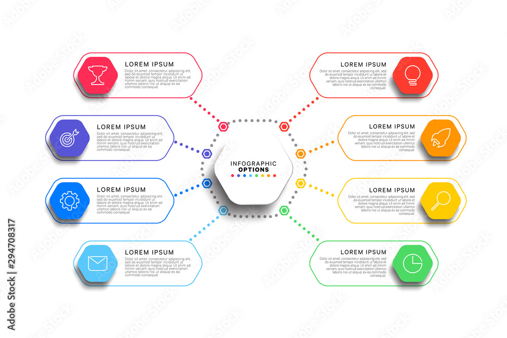 8 steps infographic template with realistic hexagonal elements on white ...