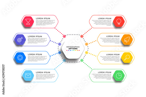 8 steps infographic template with realistic hexagonal elements on white background. business process diagram. company presentation slide template. modern vector info graphic layout design. eps 10