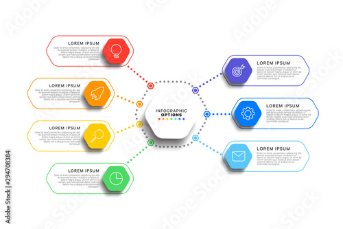 7 steps infographic template with realistic hexagonal elements on white background. business process diagram. company presentation slide template. modern vector info graphic layout design. eps 10