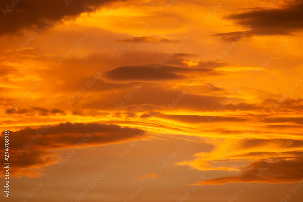 Sky Clouds At Sunset, Colorful Orange Cloud In Sky