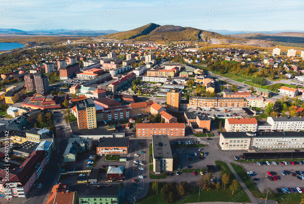 Aerial summer sunny view of Kiruna, the northernmost town in Sweden, province of Lapland, Norrbotten County, picture shot from drone