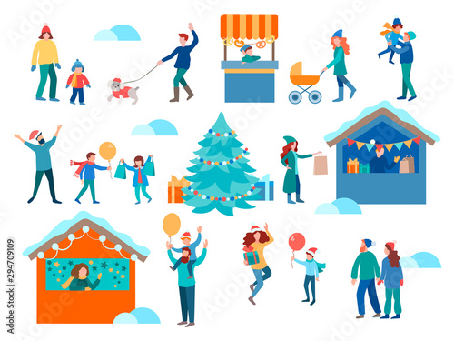 Christmas market, decorated shopping tents and decorated Christmas tree, walking people buying Christmas gifts for friends and relatives