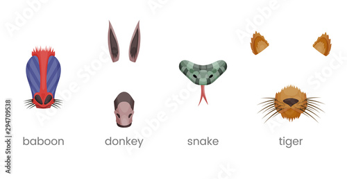 Animal face elements set. Animal ears and nose. Video chart filter effect for selfie photo. Cartoon mask of baboon, monkey, donkey, snake, dog.