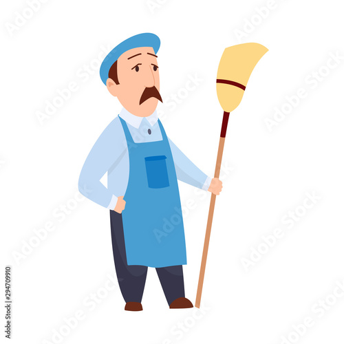 male janitor in uniform mopping floor man cleaner holding mop cleaning service concept full length flat white background.