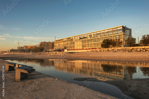 Reflection and sunset light at the transparent buiding