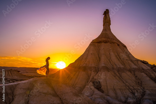 Lifestyle session of a Girl in a sunset at the Castildepiedra de las Bardenas. Navarre