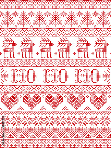 Ho Ho Ho  Christmas vector pattern with Scandinavian Nordic festive winter pattern in cross stitch with heart, snowflake, Christmas tree, reindeer, forest, star, snowflakes in white,red