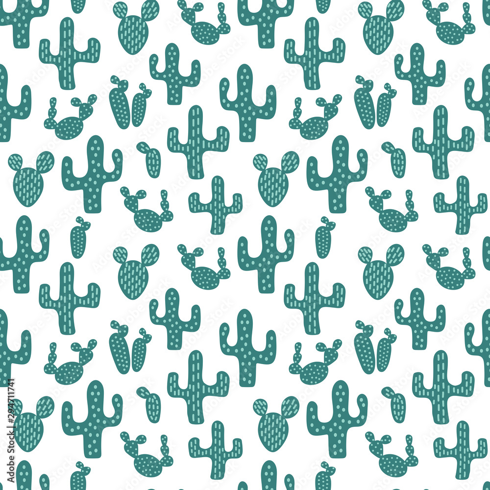 Vector seamless pattern with hand drawn cactuses . Vector Desert plants.