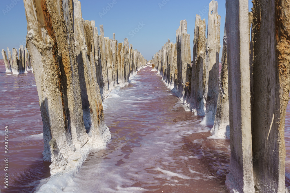 Fototapeta premium Palisade of the wooden frame of the destroyed dam on the lake Sasyk Sivash with rose water in the Western part of the Crimean Peninsula. Salty crystals at the base