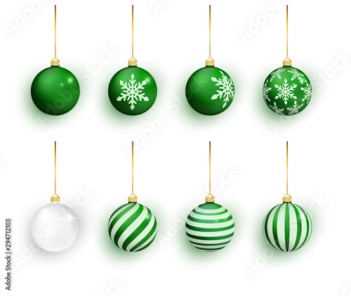 Green christmas balls set isolated on white. Stocking Christmas decorations. Green Christmas ball with snow effect set. Vector illustration