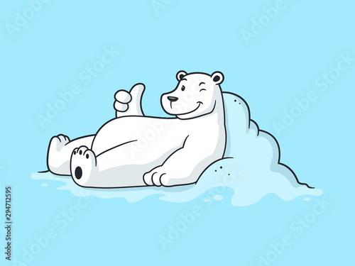 Cool polar bear lying in the snow showing thumb up vector cartoon illustration Fototapet