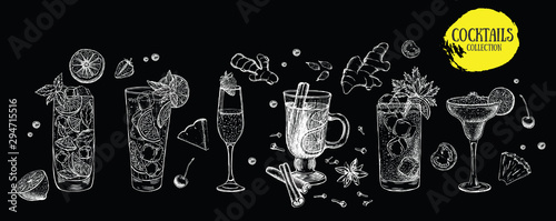 Alcoholic cocktails. Sketch. Нand drawn illustrations. 