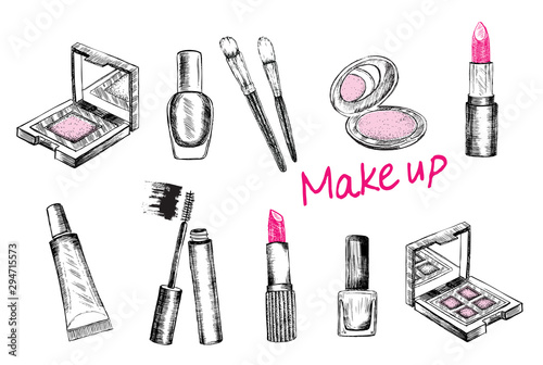 Beauty store collection with make up. Hand drawn illustration