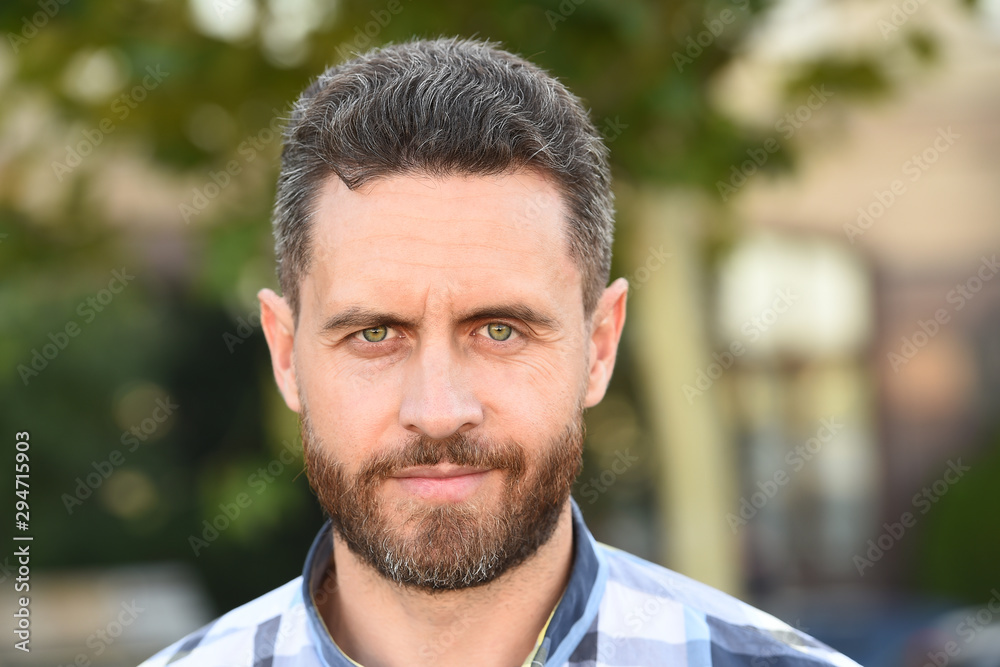 Naklejka premium Barber salon. Handsome bearded guy portrait close up. Facial hair and skin care concept. Handsome face. Handsome mature man unshaven stylish bristle. Caucasian man urban background. Ageing, grey hair