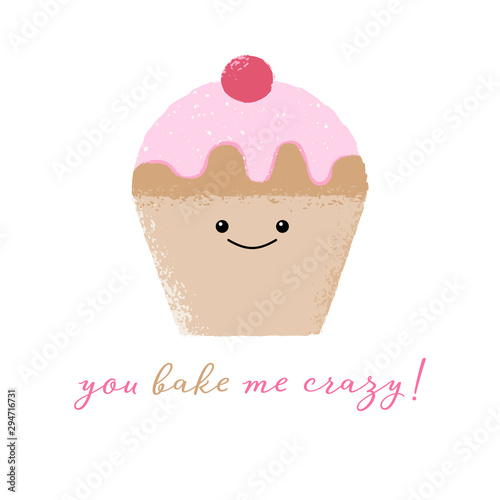 Vector illustration of a cute textured cupcake with pink icing and a cherry. You bake me crazy!