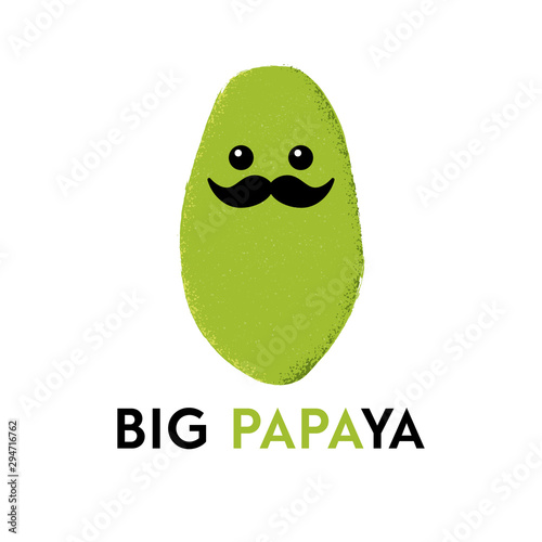 Vector illustration of a papaya character sporting a large moustache with the funny pun 'Big Papaya'. Cute design concept.