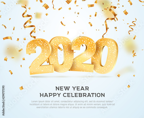 Happy new year 2020 celebrating vector illustration. Xmas holiday background with falling confetti and numbers