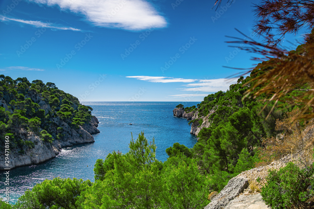 Beautiful sunny summer day in French Riviera. Landscape of Calanques National Park.