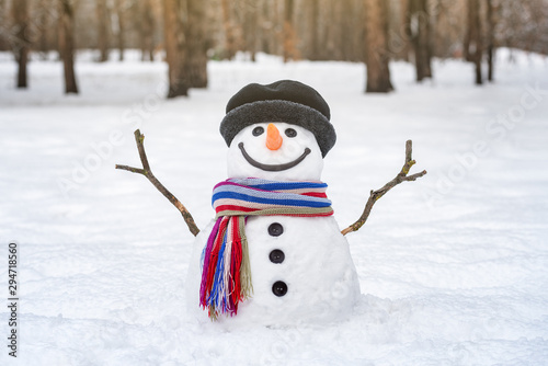 Snowman with arms outstretched from branches