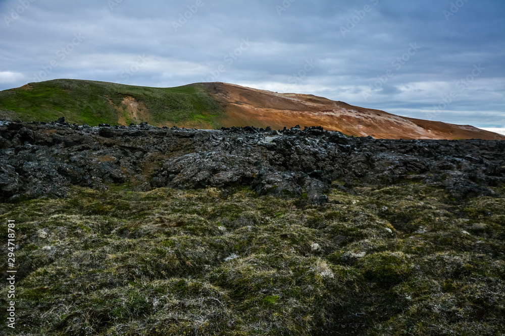 Leirhnjukur lava field covered with moss, overcast day in summer , film effect with grain Leirhnjukur lava field covered with moss, overcast day in summer , film effect with grain