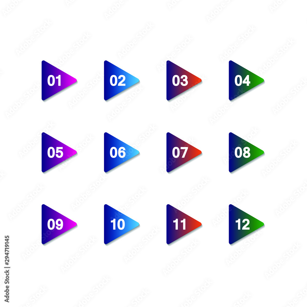 colorful arrow bullet point triangle on white background . Markers with number 1 to 12. Modern vector illustration colorful arrow bullet point triangle on white background . Markers with number 1 to 12. Modern vector illustration