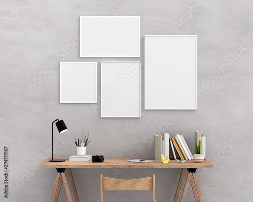 Fototapeta Naklejka Na Ścianę i Meble -  Four empty photo frame for mockup on wall, 3D rendering