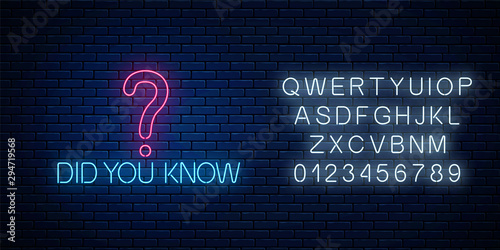 Did you know glowing neon sign with question mark icon with alphabet. Motivation quote in neon style.