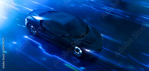 Futuristic high speed sports car in motion with technology background
