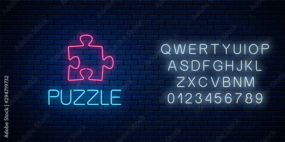Glowing neon icon of logical concept with alphabet. Thinking game symbol. Vector illustration.