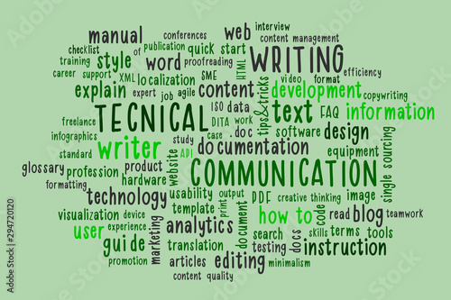 Technical writing word cloud. Techical writer or communicator, documentation, profession concept in trendy mint color. Illustration.