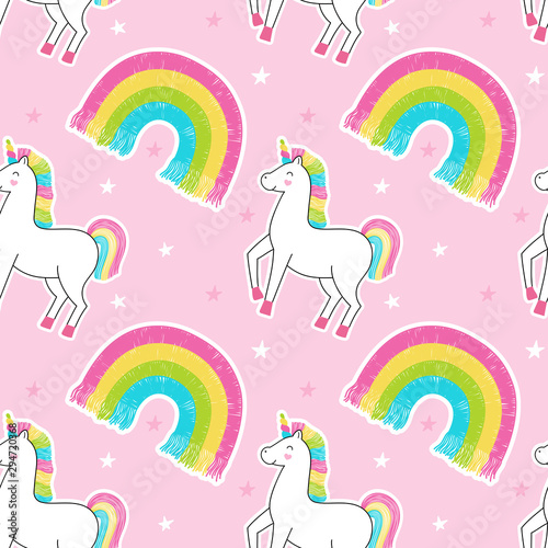 Seamless cute pattern  rainbow unicorn  magic stars  design for print  wallpaper  fabric. Vector illustration for children.