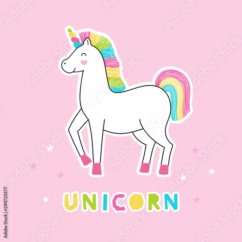 Cute rainbow unicorn poster  t-shirt print design. Vector illustration for children.