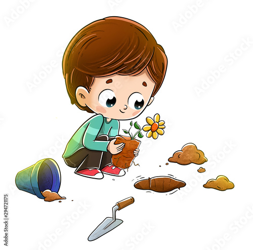 Foto Child planting a plant in the soil