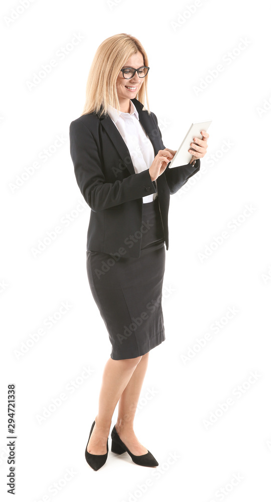 Beautiful stylish businesswoman with tablet computer on white background Beautiful stylish businesswoman with tablet computer on white background