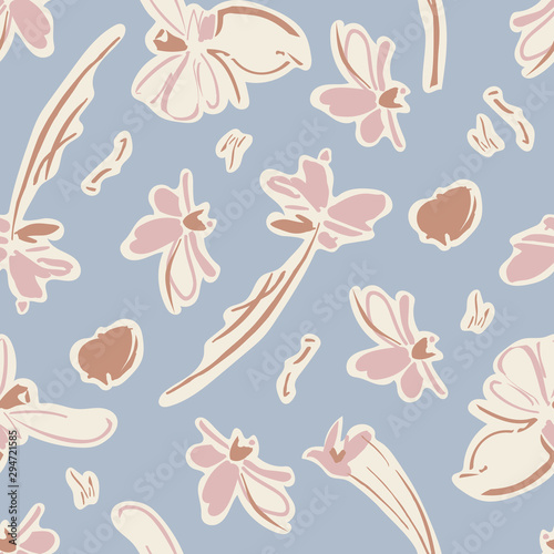 Vintage Flowers and Butterfly Seamless Pattern with Light Blue Background