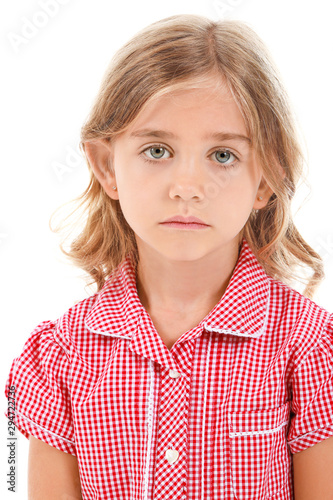 Sad little girl on white ba...