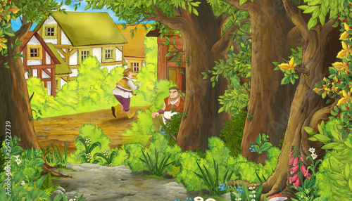 cartoon summer scene with path to the farm village with frame for text - nobody on the scene - illustration for children