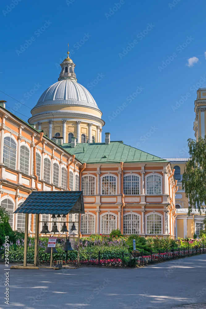 Holy Duchov Corps of the Alexander Nevsky Lavra and the dome of the Holy Trinity Cathedral in Saint Petersburg, Russia
