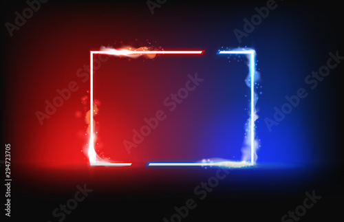 neon blue and red square frame with smoke and fire