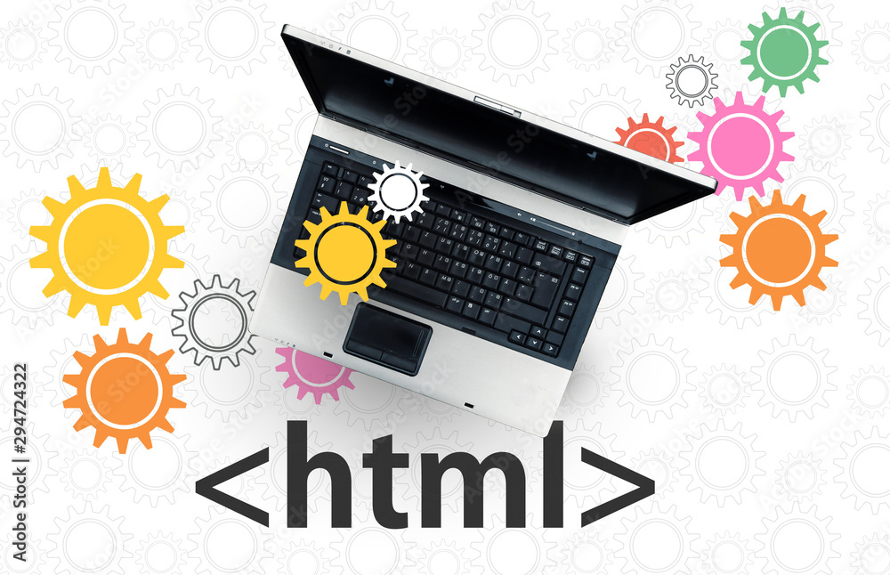 HTML Hyper Text Markup Language. laptop on html tag and gears Stock ...